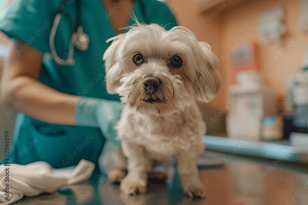A small, white dog sits on an examination table while a veterinarian examines it A small, white dog sits on an examination table while a veterinarian examines it