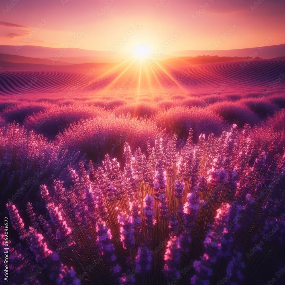 A serene sunrise over a blooming lavender field, with soft golden light illuminating the vibrant purple flowers. The tranquil scene evokes a sense of calm and natural beauty.. AI Generation A serene sunrise over a blooming lavender field, with soft golden light illuminating the vibrant purple flowers. The tranquil scene evokes a sense of calm and natural beauty.. AI Generation