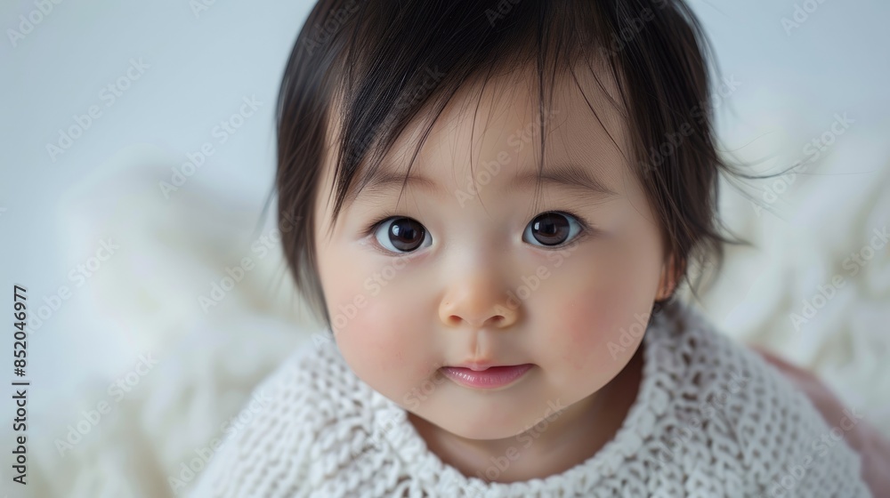 Asian baby girl captured in a portrait on a white backdrop Asian baby girl captured in a portrait on a white backdrop