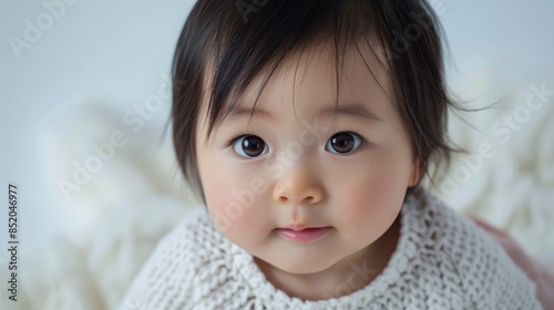 Asian baby girl captured in a portrait on a white backdrop