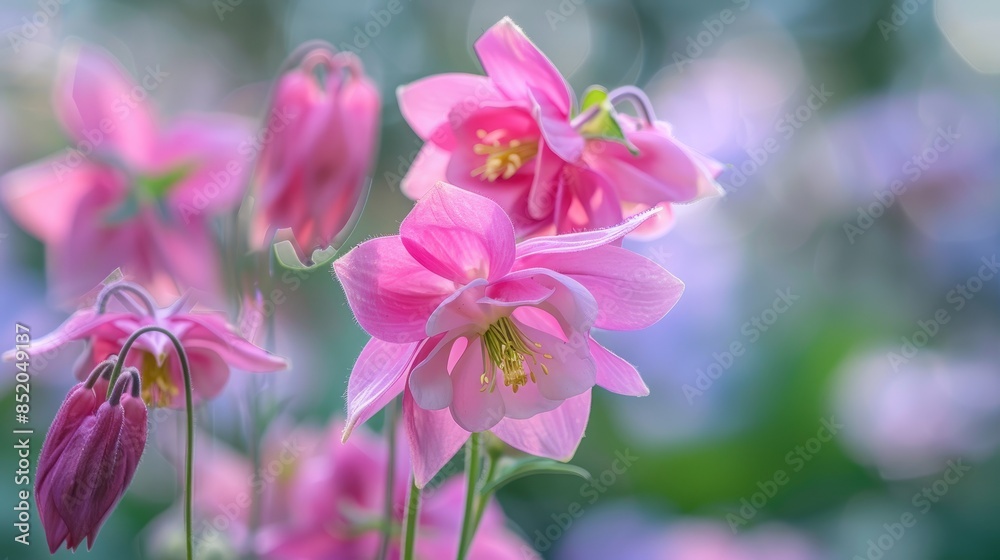 Close up image of a pink Aquilegia vulgaris flower in full bloom in the garden Close up image of a pink Aquilegia vulgaris flower in full bloom in the garden