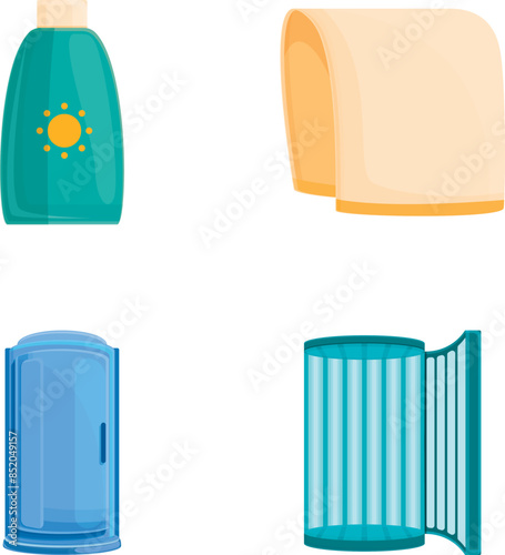 Sunroom icons set cartoon vector. Vertical and horizontal solarium booth. Skin care, fashion
