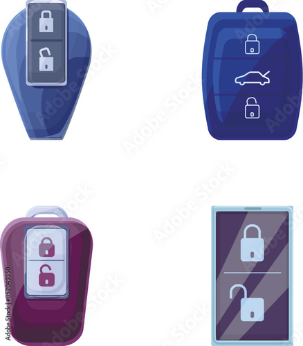 Smart key icons set cartoon vector. Keyless vehicle entry device. Automobile protection, modern technology