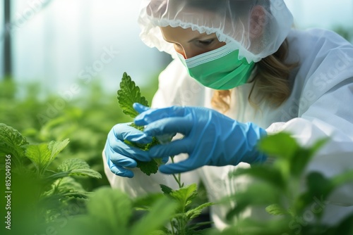 Female scientist wearing a lab coat and safety goggles examining a plant specimen. Female scientist in a plant laboratory. Female Scientist Examining Plant Specimens in Laboratory. 
