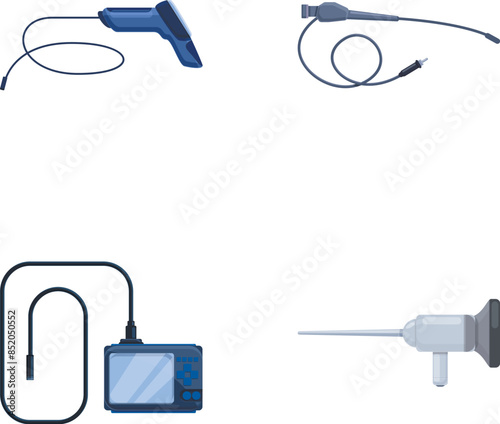 Modern endoscope icons set cartoon vector. Gastroscopy endoscope device. Stomach diagnostic, healthcare