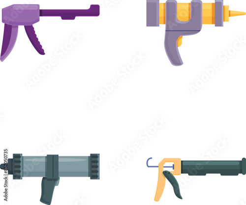 Caulking gun icons set cartoon vector. Metal silicone caulk gun. Construction and repair equipment