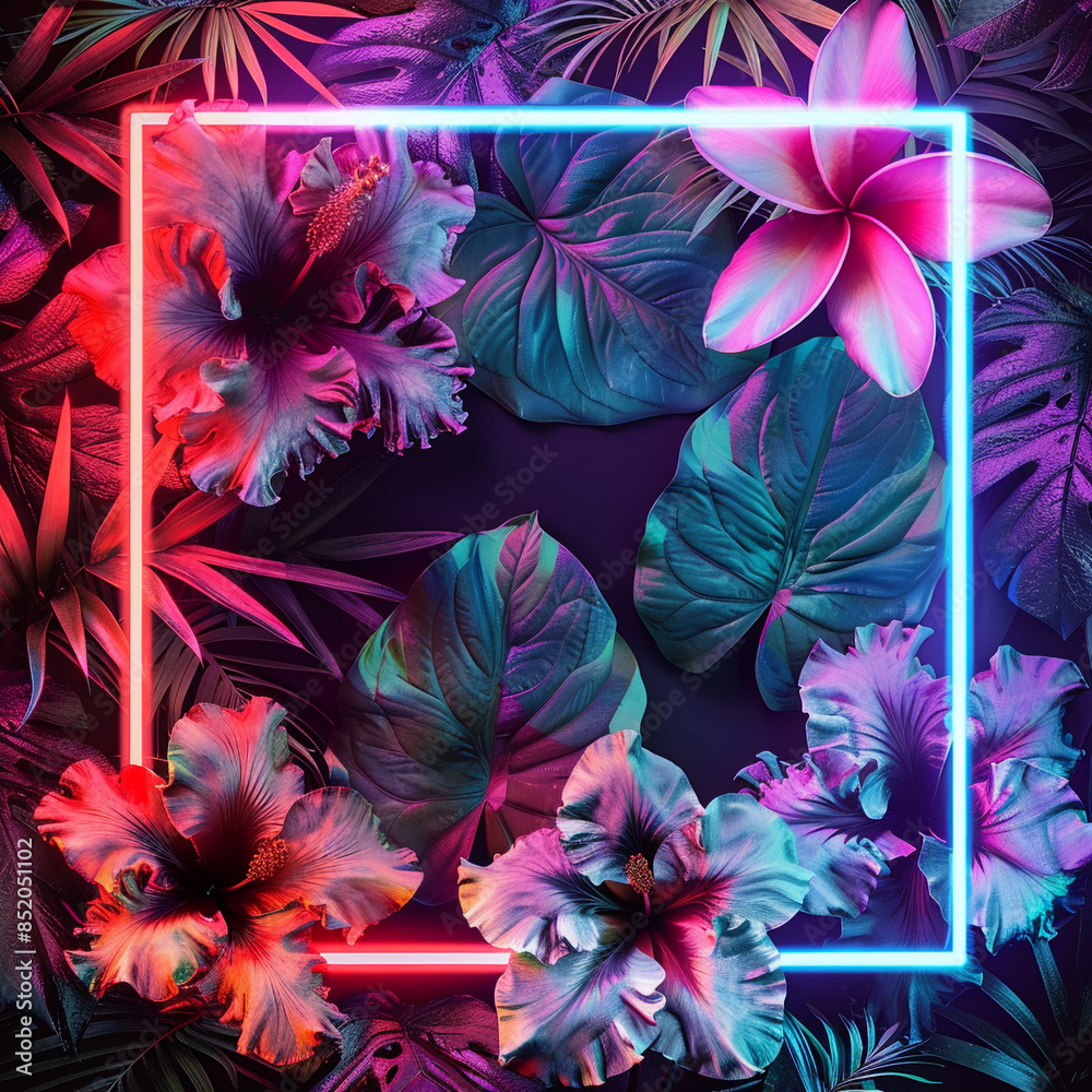 Background with a Neon blue frame with colourful tropical flowers and tropical leaves Background with a Neon blue frame with colourful tropical flowers and tropical leaves