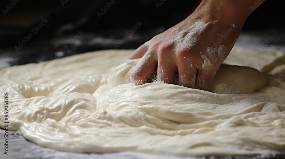 Pizza dough preparation hands on kneading and stretching process emphasizing tactile nature Pizza dough preparation hands on kneading and stretching process emphasizing tactile nature