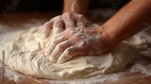 Pizza dough preparation hands on kneading and stretching process on floured surface