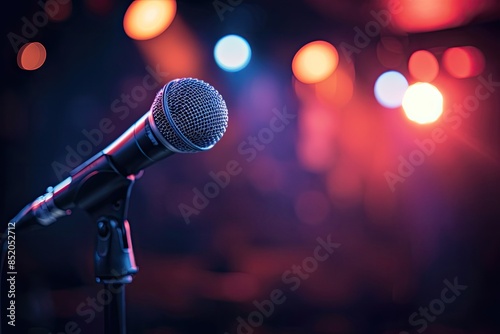 a microphone on a stand in front of a crowd, Attend a live comedy show