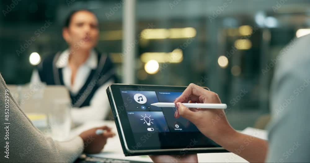 Screen, hands and music for office, tablet and closeup of employee, night and working late for deadline. Business, online and ui digital for seo specialist, people and project for ebook and promotion Screen, hands and music for office, tablet and closeup of employee, night and working late for deadline. Business, online and ui digital for seo specialist, people and project for ebook and promotion