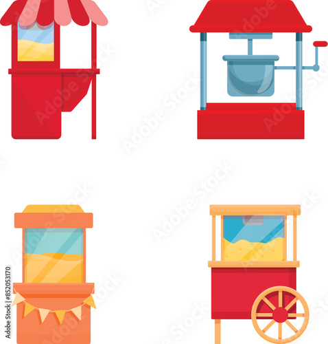 Popcorn maker icons set cartoon vector. Vintage kiosk in amusement park. Street food
