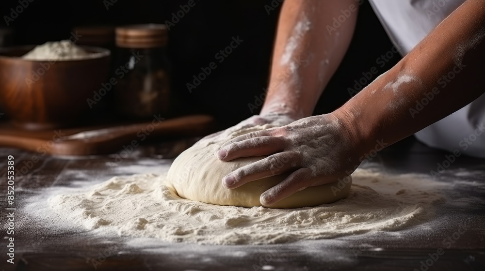 Artisan hands kneading and stretching pizza dough, tactile preparation process close up Artisan hands kneading and stretching pizza dough, tactile preparation process close up