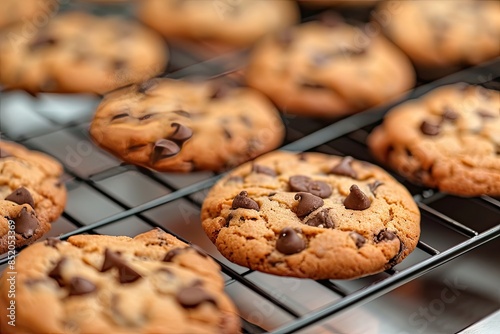 a bunch of cookies that are on a rack, Bake chocolate chip cookies photo