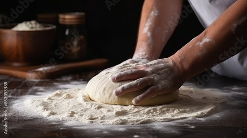 Artisan hands kneading and stretching pizza dough, tactile preparation process close up