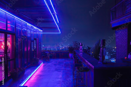 a walkway with a tunnel of lights and a train, Cosmic neon rooftop views photo