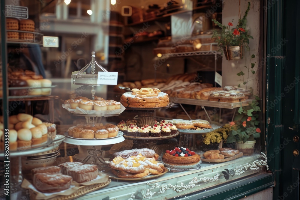 a window with a bunch of pastries in it, Cute bakery shop window a window with a bunch of pastries in it, Cute bakery shop window