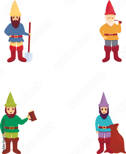 Dwarf icons set cartoon vector. Funny garden decoration gnome. Fairytale character