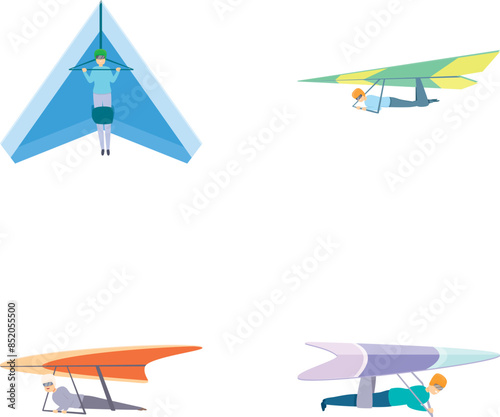Hang gliding icons set cartoon vector. Gliding man flying extreme sport. Air sport, active lifestyle