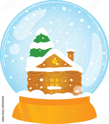 Snow globe Christmas winter decoration cabin snowflakes falling. Festive snow globe wooden cabin snowcovered tree holiday season dcor. Vector illustration winter scene snowfall cozy