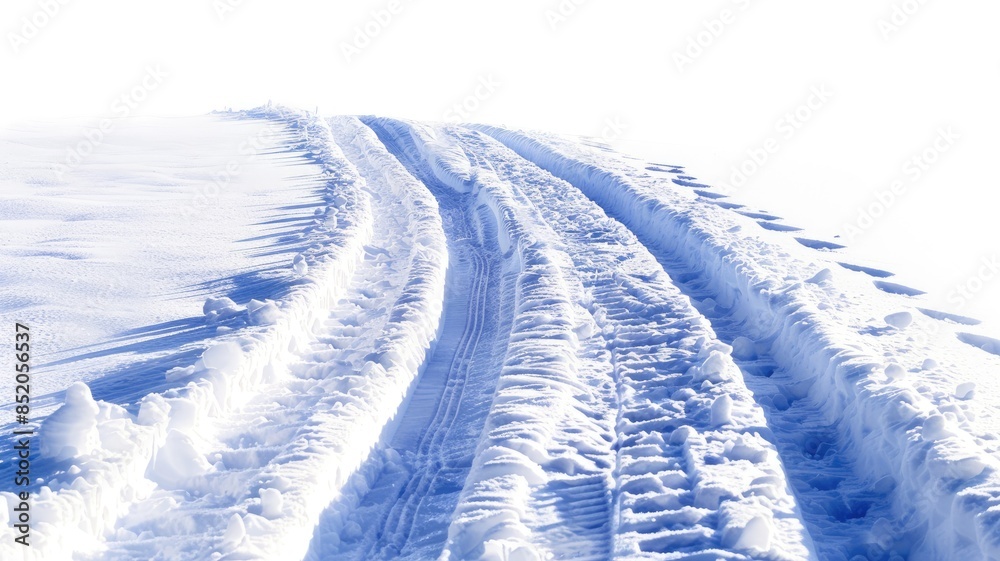Obraz premium Snow-covered road with tire tracks in bright, serene winter landscape