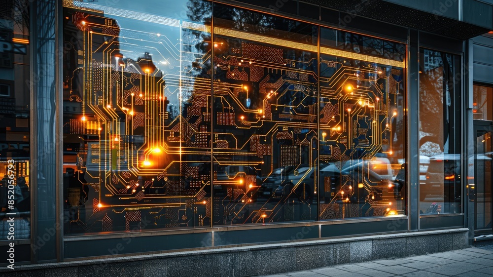 Obraz premium Futuristic city street with glowing digital circuit art on glass facade of building