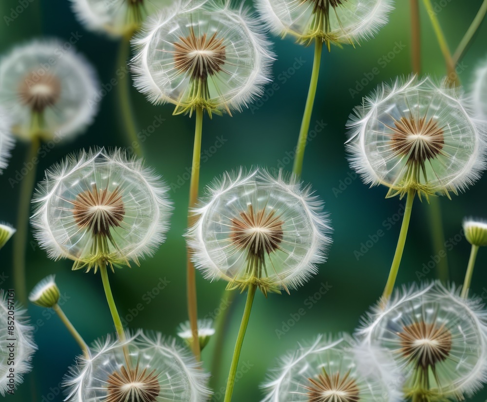 Beautiful close-up image of dandelion seed heads against a blurred green background, capturing their delicate structure and intricate details. Perfect for nature and botanical themes.. AI Generation Beautiful close-up image of dandelion seed heads against a blurred green background, capturing their delicate structure and intricate details. Perfect for nature and botanical themes.. AI Generation