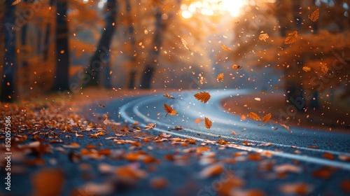 Autumn Leaves Falling on Wet Road in Forest