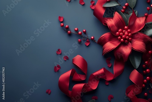 Red Ribbon and Floral Decoration on Blue Background