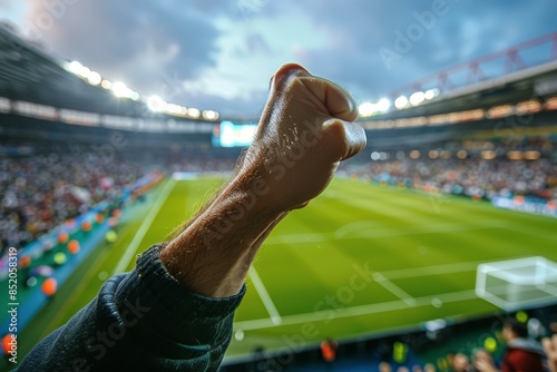 Fans Fist Pump During a Soccer Game at a Stadium Under Cloudy Skies