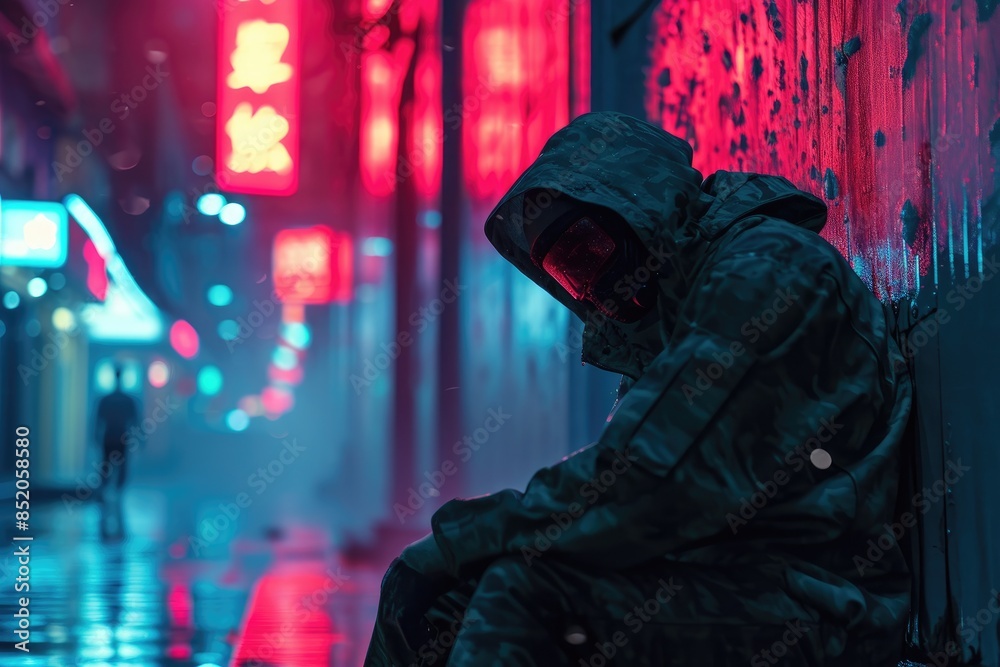 a person sitting on a bench in a dark room, Futuristic cyberpunk vibes a person sitting on a bench in a dark room, Futuristic cyberpunk vibes