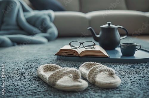 Cozy Living Room With Grey Slippers, Teapot, and Open Book