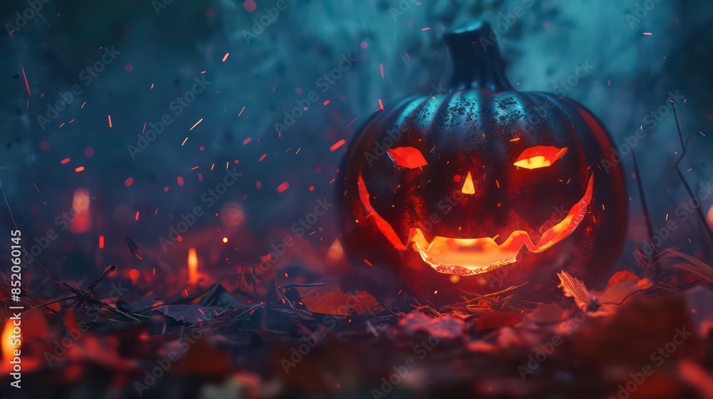 Naklejka premium Spooky halloween background. scary pumpkin with burning eyes and smiles in the night. Generative AI