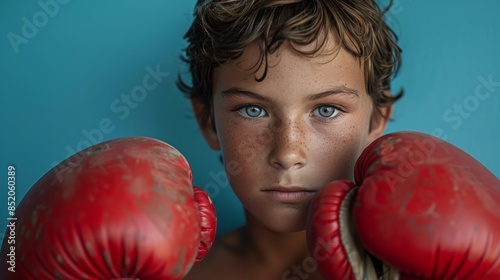 Young Boy With Blue Eyes in Red Boxing Gloves