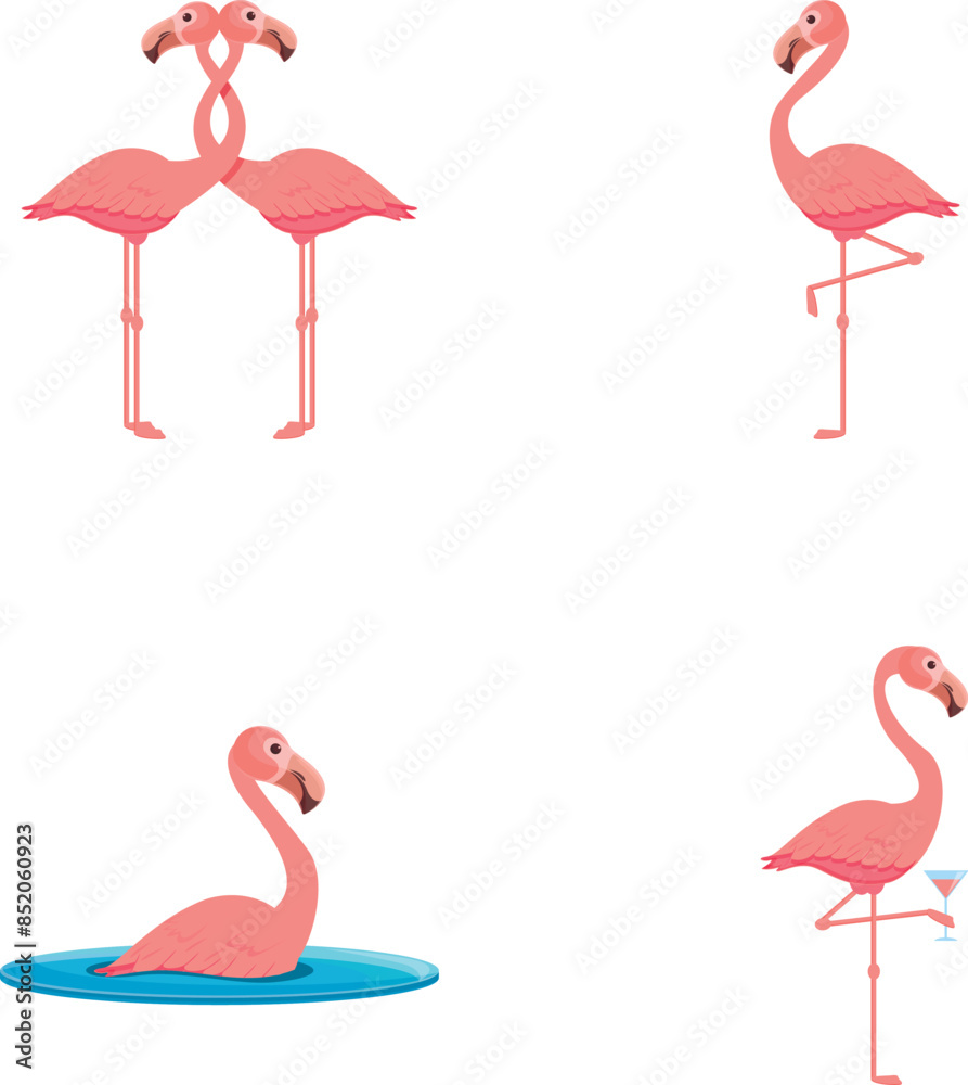 Obraz premium Cute flamingo icons set cartoon vector. Pink flamingo bird. Cartoon character