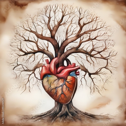 Human heart health concept as a symbol for growing a body organ and the veins and arteries of the circulatory system as a body part shaped as tree roots and branches as a medical metaphor for life