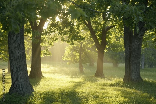 a field with trees and grass in the sun, Serene nature scenes with morning light filtering through trees, accompanied by tea or coffee