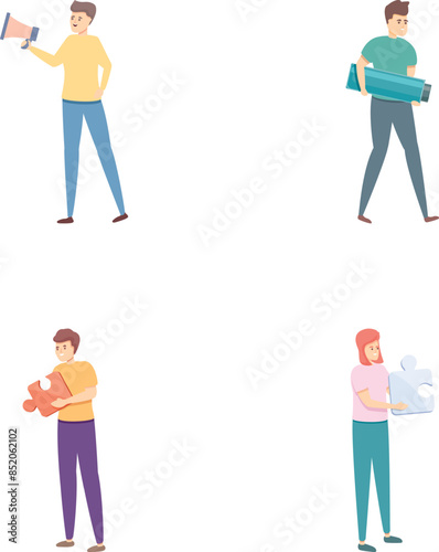 Realization concept icons set cartoon vector. People achieve result. Personal growth, career progress