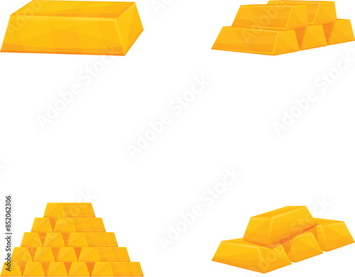 Gold treasure icons set cartoon vector. Shiny minted gold bar. Financial concept