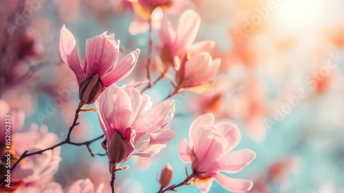 Pink magnolia blossoms under sunlight with trendy pink hue against blue sky in a spring backdrop photo
