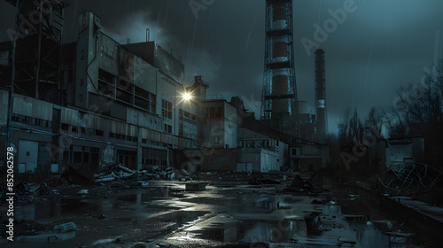 Creative artwork decoration. Chernobyl nuclear power plant at night. Layout of abandoned Chernobyl station after nuclear reactor explosion