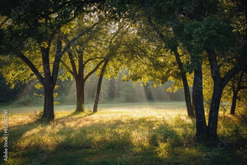 a tree with yellow leaves in the sunlight, Vibrant morning images of trees in soft light, creating a serene backdrop for sipping a beverage