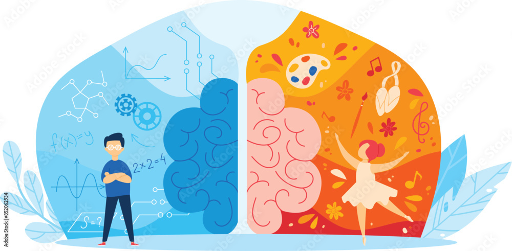 Vetor de Left side brain hemisphere logic analytical thinking, young ...