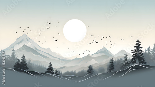 Dove Grey Pine - Flock Of Birds, Sun, Mountains, Forest, Valley, Vector Art, Nature Graphic, Light Colors, Cartoon Art, Abstract, Boho, Chic, Minimalist, Simple Art  photo