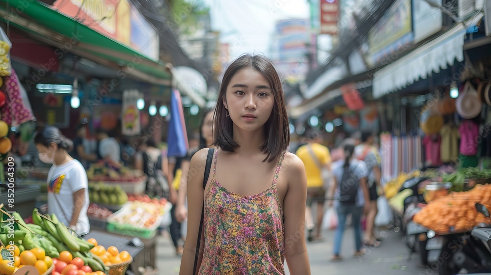 A young Asian traveler walks in an outdoor market in Bangkok, Thailand. A young Asian traveler walks in an outdoor market in Bangkok, Thailand.
