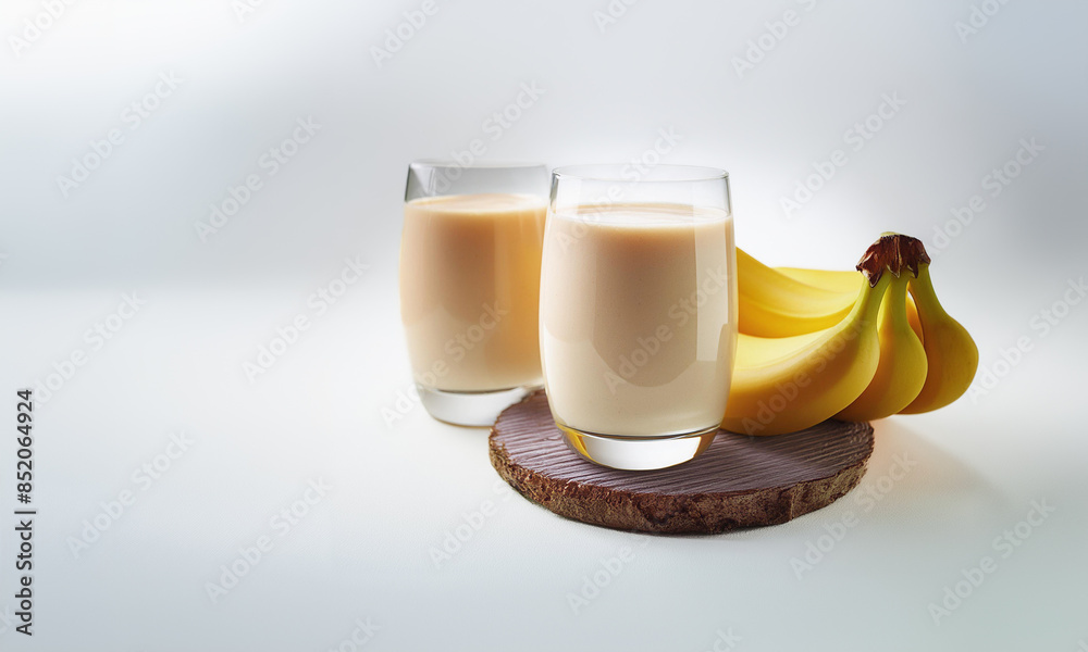 Pair of banana smoothie drinks in glasses on a white table, next to whole bananas. Delicious, nutritious, healthy beverages. Pair of banana smoothie drinks in glasses on a white table, next to whole bananas. Delicious, nutritious, healthy beverages.