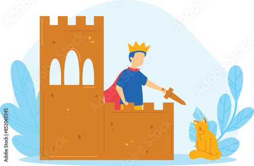 Young boy playing pretend medieval king atop wooden castle, commanding stuffed animal cat. Wearing crown, cape, wielding cardboard sword, surrounded cartoon foliage, imaginative play theme. Blue