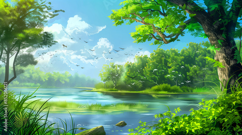 Nature backgrounds, forests and wide river bed river bed