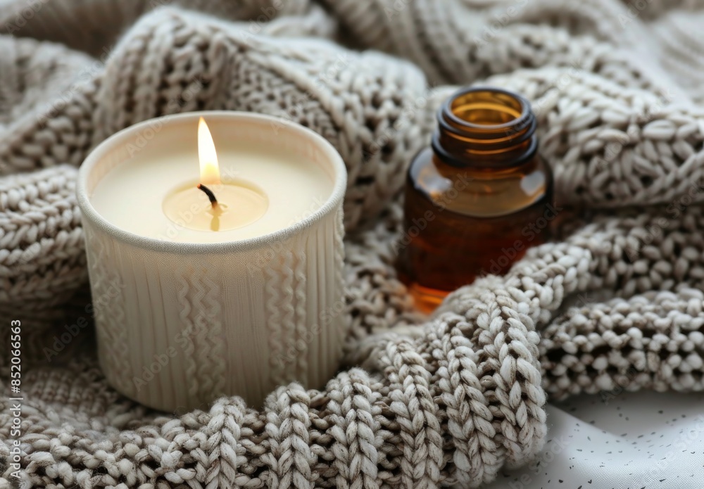 White Candle Burning On Knitted Blanket With Essential Oil Bottle