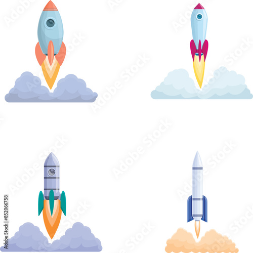 Rocket ship icons set cartoon vector. Rocket launch and fire flame. Aviation and space